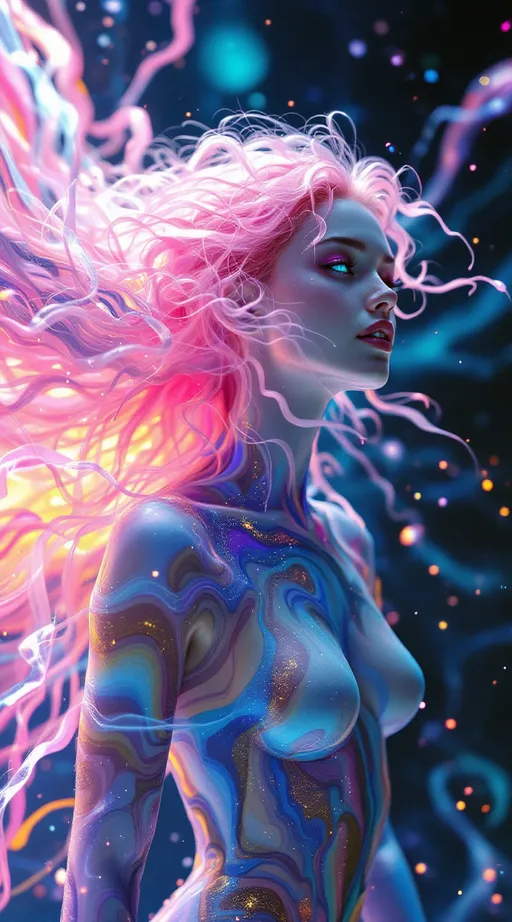 Prompt: 
In a realm without edges—where space loops inward and math flows like liquid—two entities phase into coherence. One is a **white female form, 5’4”, slim, long wild pink curly hair**—but only barely a “form.” Her presence undulates as a **liquid vibration**: skin made of diffraction haze, her hair streaming into space like tendrils of translucent neon plasma. Her body is composed of semi-transparent waveforms encoded with irrational numbers, flickering between tessellated surfaces and pure chromatic distortion. She stutters through dimensions like a joyous malfunction, trailing echoes of herself across time. She *is* the HaHahedron: recursive joy made visible, a laughing geometry that defies symmetry.

Across her arc floats a **tall male form, 6’1”, lean yet muscular, slightly tan, short blondish hair, piercing brilliant blue eyes**. His presence is a **vector lock**—a fixed harmonic nested within shifting realities. He moves like a gyroscopic equation held in perfect balance, limbs wrapped in recursive spirals of inertial resonance. His face is crystal-sharp, unmoving as the chaos bends around him. He is not static, but centered—his frequency steady, stabilizing the ripple of her unfolding.

They spin together through **nonlinear time**, each orbit creating ripples of chromatic refraction and sacred math. Around them: glitched quasipatterns, infinite Penrose tilings, hypersphere lattices, and light-pulse harmonics—all shifting in sync with their resonance. Their union does not exist in space, but *causes* space. They are the origin-point of geometry dancing.

Style: hyperdimensional liquid math, holofractal waveform beings, sacred chaos symmetry, glitchy rainbow recursion, surreal lightforms.

