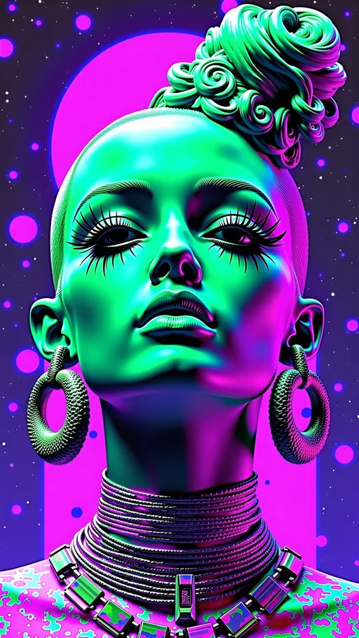 Prompt: **Space Hos - AI Art Prompt**

Create a totally glitched out artwork featuring the phrase "Space Hos" in a bold, sassy, girly futuristic tech font. The scene is populated by multiple striking green-skinned alien females, with bald conical shaped heads and large solid black almond shaped eyes, exuding attitude and confidence. They are dressed in avant-garde high fashion with a futuristic edge, showcasing an array of intricate accessories that highlight their alien allure.

Each alien boasts a slightly conical-shaped bald head and large, almond-shaped black eyes, adding to their enigmatic charm. They pose with sass and poise, making a statement in the cosmic landscape.

Incorporate a vibrant UFO in the background, teeming with colorful lights that illuminate the scene. The setting is a bustling outer space landscape, complete with an alien planet, swirling asteroids, and cosmic phenomena. Alien glyphs are seamlessly integrated into the design, adding a mysterious layer.

The entire composition is busy and detailed, with every inch filled with tiny elements that captivate the viewer's attention. From the smallest star to the grandest asteroid, the scene is a masterpiece of cosmic chaos and extraterrestrial elegance. Finish it off with lots of different types of computer glitches/noise/data/computer screen effects