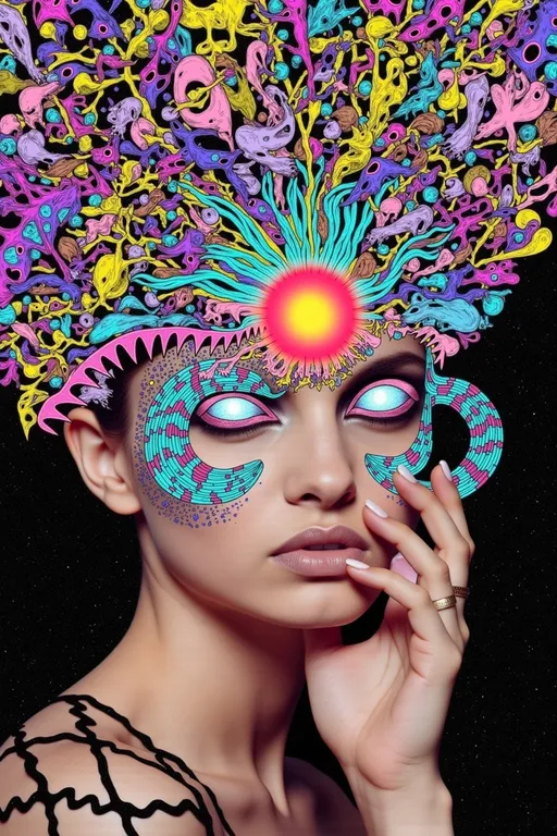 Prompt: A surreal, psychedelic face with a glowing third eye centered on the forehead, surrounded by impossible geometries and recursive structures. Her skin is covered in Newton fractal patterns and holographic tessellations that shift color like iridescent foil. The background and hair dissolve into Escher-style interlocking staircases, Penrose cubes, and Möbius loops twisting through hyperbolic space. The central third eye radiates electric tendrils of fractal energy, echoing the Droste effect as the entire face folds in on itself, blending hallucination, sacred geometry, and optical illusion. Rendered in vibrant rainbow-neon tones with a shimmering, holographic-glitch aesthetic.
