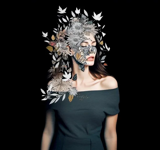 Prompt: a mixed media collage of a black and white photograph of a woman exploding with vines and leaves and flowers (mixed media in nature- paint, enamel, glitter, metallic foils and finishes, splatter, rhinestones, sequin, string, cut paper and magazine pages and more) <mymodel>seem to be blooming out of her body