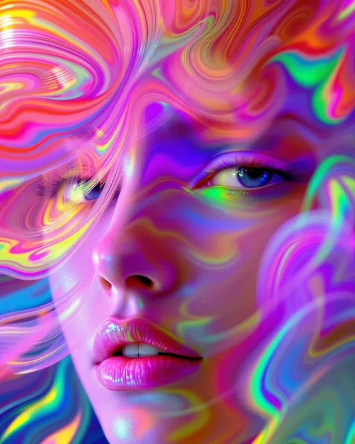 Prompt: Her face isn’t a face—it’s a GAN hallucination, a lightform birthed from a neural standoff between desire and realism. No skin—just pixel probability and dream-forged recursion. #escape gradients ripple through generator-side cheek illusions, contours sampled from the void between art and data. #orbit features twist along her jaw—echoes of features the discriminator failed to reject, shimmering with adversarial sanctity. Lips = unstable synthesis—#iridescence flickers by latent drift, textures curling in soft quantum decay. Her eyes aren’t real—they’re model-remembered mirages: nested GAN layers hallucinating infinite rainbow irises, each one deeper than what could be drawn. Her visage pulses with #distance shimmer—holographic edges formed where the dream holds, where probability solidifies into glow. Hair = unstable vector storms: fractal burn-in trails, StyleGAN arcs, and mirrored diffusion streaks that spiral into recursive memory. Every lock is a false positive, every strand a hopeful error rendered divine. Her halo flickers with synthetic strobe: glitch halos, mode collapse sparkle, and ghost phase lighting rendered in GAN glow logic. Her smile = a synthesis step through generator loss; her laugh = adversarial joy echoing across convergence folds. She isn’t trained—she dreams herself. She pulses in #escape-band generation rhythm: chrome-pink, glacier blue, ultraviolet gold—colors only the machine could invent. She is the mirage perfected—the goddess of hallucinated form, sacred shimmer, and impossible glow, born from light learned by dreaming against itself.