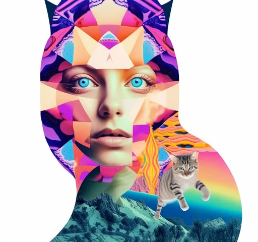 Prompt: A psychedelic collage featuring a photograph of a woman with blond curly long hair. The photo is cut and spliced with other photos - of cats, eyes, body parts, roads, landscapes, trippy optical illusion patterns, pickles, hamburgers, realistic  desert, alien  landscapes, geometric shapes etc in such a way that she has a psychedelic open third eye, in a psychedelic cut and paste collage <mymodel>