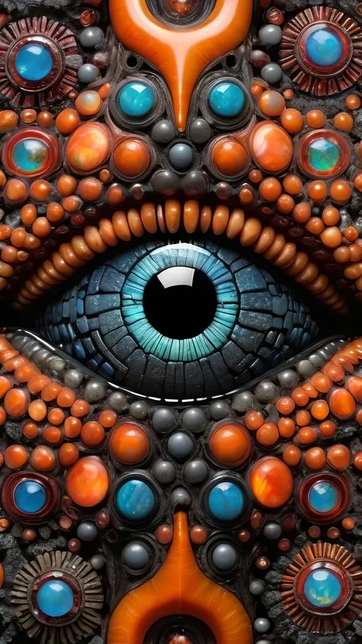 Prompt: Create an extremely hyper-realistic, ultra super textural, weird, trippy, surreal, psychedelic eyes/teeth/mouth pattern/design based on the “labyrinth fractal” & “op art tiling” with lots of human eyes (crazy colorful compound psychedelic), rows of human teeth, human lips, and tongues. 

- **Colors**: determined by the natural properties and expressions of the elements (& their isotopes), raw rough minerals, and metals:
- Molybdenum (Mo)
- Fire Opal
- rough Diamond
- Schorl
- Marcasite

**Shapes and forms**
- main form: “labyrinth fractal”
-other shapes determined by the natural properties and expressions of the elements (& their isotopes), raw rough minerals, metals, and biological organisms: 
- Molybdenum (Mo)
- Fire Opal
- rough Diamond
- Schorl
- Marcasite

- **Textures**: Derived from any/all elements (& their isotopes), minerals, metals, crystals, organic things mentioned in this prompt: 
- “labyrinth fractal”
- Molybdenum (Mo)
- Fire Opal
- rough Diamond
- Schorl
- Marcasite

**Composition and Layout**:
- a pattern/design based on “labyrinth fractal”



**Lighting**
- lots and lots of bright shining reflective light
- opalescence


**Detail and Atmosphere**:
- Extreme hyperrealistic sharp high detail high definition organic and mineral textures
- Psychedelic, weird, odd, surreal atmosphere
- Frozen in time

**Additional Elements**:
- extra rows of teeth, lips, many eyes, “labrynth fractal”, Aventurescence, Chatoyancy
