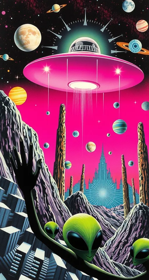 Prompt: an analog retro 70s psychedelic collage, hot pink, neon green, black, white, silver, and other colors, ALIENS, UFO, "LITTLE GREEN MEN", extraterrestrials, alien landscapes, outer space, optical illustions/psychedelic patterns, orbs, planets, galaxies, "flying saucer", crystal technology, circuitboards, positronic networks