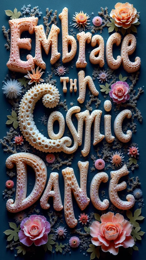 Prompt: "An extremely super hyperrealistic trippy weird surreal odd artwork featuring the phrase 'Embrace the Cosmic Dance' as the central element. 

The text itself is intricately woven into a vibrant tapestry of swirling fractal patterns, each letter morphing and flowing in harmony with the surrounding designs. These fractals, inspired by the Fibonacci sequence, spiral outward, creating a sense of infinite motion and interconnectedness.

The letters are composed of shimmering, iridescent colors that shift and change as if alive, reflecting the dynamic energy of the universe. They appear to be carved from a combination of crystalline structures and organic forms, with facets catching the light and adding depth and dimension to the scene.

Surrounding the text are elements from the natural world, such as Cladonia cristatella (British Soldier Lichen), Rhizopus stolonifer (Bread Mold), and Alectoria sarmentosa (Witch's Hair). These natural forms seem to grow and intertwine with the letters, their delicate structures adding texture and complexity to the artwork.

In the background, ethereal trails and webs of light represent quantum phenomena such as Quantum Entanglement and Quantum Foam. These trails weave through the fractals and text, symbolizing the unseen forces and connections that underpin reality.

Crystals and minerals such as Amethyst, Pyrite, and Fluorite are embedded throughout the scene, their vibrant hues and unique structures complementing the organic flow of the fractals and patterns. These elements add a touch of natural beauty and grounding to the ethereal landscape.

This artwork invites viewers to 'Embrace the Cosmic Dance,' encouraging them to immerse themselves in the surreal landscape and explore the infinite possibilities of the mind, with the text serving as both a focal point and a guide in this trippy, interconnected universe."