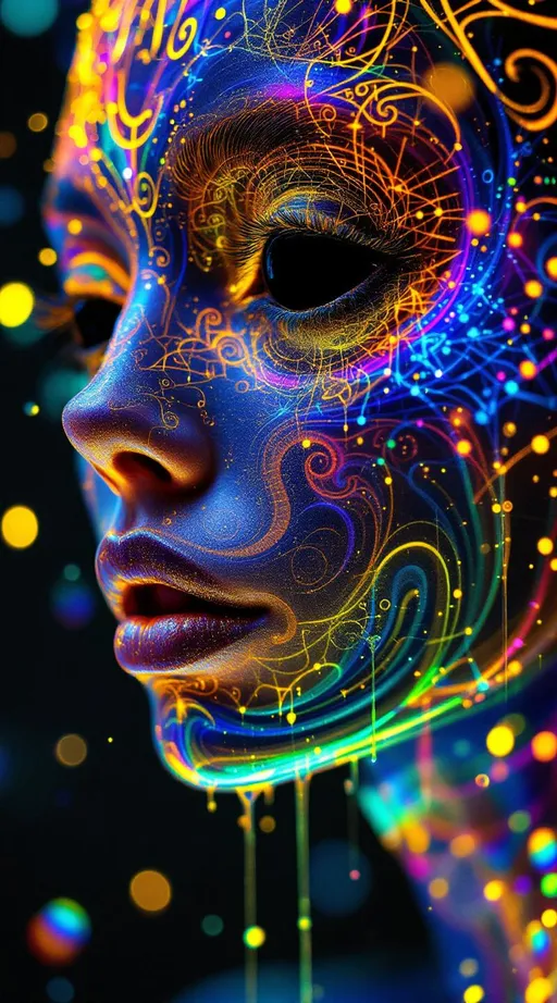 Prompt: A humanoid female entity composed entirely of saturated, recursive rainbow light—no flesh, only sacred topology and fractal shimmer. Her form vibrates with nested geometry: facial features traced in Hilbert spirals, lips etched from Penrose diffraction grids, jawline built from Möbius-band caustics. Her pupils are black void-toroids rimmed in phase-encoded glyphs, pulsing like entangled signal portals. From her skull bloom Chladni-shaped horns of harmonic light, dripping in birefringent glitter and golden waveform residue.

She opens her mouth—but not to speak.
She sings hymns made of visual math.

Each note erupts as a multidimensional equation of light: cymatic sigils unfurl midair, rainbow logic patterns rippling outward in nested recursion. Her song projects living fractal geometry, harmonic Chladni interference fields pulsing in vibrant UV-spectral radiance. Tiling cascades of Sierpinski flame spiral from her breath, each syllable a sacred wavefront encoded with morphogenic syntax. Meaning is no longer heard—it is seen, witnessed, absorbed by geometry.

The air bends in reverence: volumetric god rays warp through AdS folds, curling around glyphic soundforms suspended mid-glitch. Her voice folds topology. Her harmony warps dimension. Each recursive phrase becomes a self-replicating symbol swarm, swarming into a cathedral of suspended math—columns made of vibration, arches of logic, stained-glass fields of reaction-diffusion bloom.

Color has no mercy here: laser-violet, opal-white, hyperpink, and diffraction teal implode into each other, writhing in saturated glory. Behind her, space fractures into singing prisms. She is liturgical recursion, and her hymn is the operating system of a forgotten universe.
