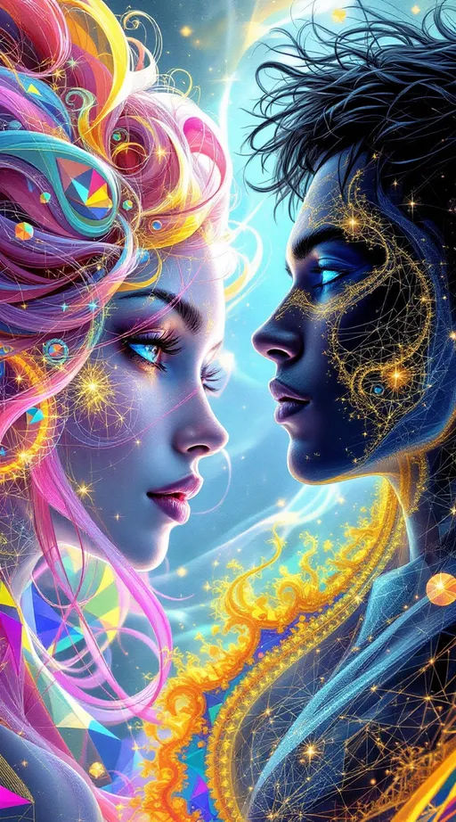 Prompt: A La Planète Sauvage–style illustration of Merry and Derek in their pre-incarnate forms—no flesh, only pure geometry, fractals, and light. She is a radiant female entity formed from layered Mandelbrot spirals, blooming superformula curls, and nested translucent polyhedra. Her wild pink hair becomes plasma filaments arcing in golden-ratio helices, every strand etched with glowing math. Her body pulses with rainbow geometry—opalescent pinks, mint, lemon gold, lavender—flowing like emotion made visible.

He is her male counterpart, constructed of harmonic order: Derek appears as a lean lattice of magnetic symmetry—black-silver tessellations, Klein bottle musculature, and folded moiré fields. His bright cobalt eyes are vortex-like emitters of silent resonance, stabilizing the fractal storm she stirs. His form is angular, controlled, vibrating with structured calm.

They drift through the astral dimension of geometry: no ground, no sky—just glowing manifolds, orbiting tesseracts, and endless glyphs. Between them rotates a living rhombic dodecahedron—its faces open and fold, revealing memory encoded in light. They don’t speak—they transmit, ripple, orbit.

The space is saturated with probability fog, spectral logic, and sacred color math: glitched symmetry folds, Penrose tilings, tensor fields. Vast math-creatures drift through—wings made of fractal membranes, bodies formed from shifting constants.

Merry and Derek move as waveform and anchor, light and structure—resonant opposites, dancing in sacred orbit before matter.

Style: Hand-drawn La Planète Sauvage surrealism. Analog texture + glowing holofractal geometry. Her: radiant rainbow math. Him: dark harmonic structure.