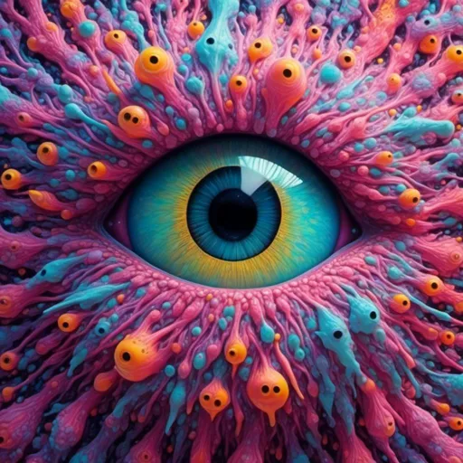 Prompt: <mymodel>an extremely hyper realistic super textural psychedelic entity/creature, trippy, weird, surreal, fractals, multidimensional geometric shapes, eyes, human teeth, lots of light, bright pastel colors, luminous, glowing, extremely textural