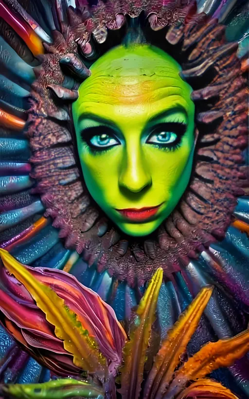 Prompt: Extreme psychedelic hyperrealism- Super high definition ultra textural floral entity psychedelic hallucination surrealism, psychedelic alien flower creature, detailed, highres, intense colors, eerie lighting, bizarre features, unsettling atmosphere, otherworldly, distorted proportions, mind-bending, dreamlike, abstract,, organic textures