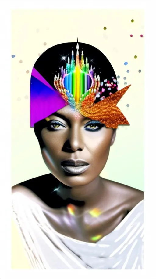 Prompt: a mixed media collage portrait of a woman in a black or white photograph that has bit edited with other media to create a collage like illusion that she is burning in shining metallic glittery rainbow colored fire flames , sparkle, colored paints, rhinestones sequins paint paper high texture-multimedia rainbow astral flames bursting forth from a black and white photograph of a woman<mymodel>