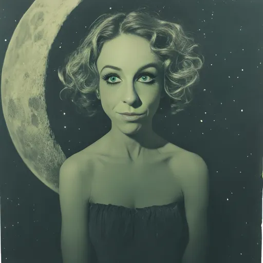 Prompt: Vintage Cyanotype print of a alien girl on the moon, long curly blond hair,  detailed silhouette, vintage artistic style, cool tones, subtle moonlight, high quality, cyanotype print, vintage, detailed silhouette, moon, girl, subtle lighting, cool tones