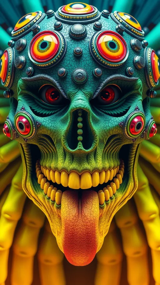 Prompt: Create an extremely hyper-realistic, ultra super textural, weird, trippy, surreal, psychedelic eyes/teeth/mouth creature/entity based on “metatron’s cube” with lots of human eyes (crazy colorful compound psychedelic), rows of human teeth, human lips, and tongues. 

- **Colors**: determined by the properties and expressions of the elements (& their isotopes), minerals, and metals: Nickel (Ni), Aventurine, Chrysoberyl

**Shapes and forms**
- “Metatron's Cube”
-other shapes determined by the natural properties and expressions of the elements (& their isotopes), minerals, metals, and biological organisms: diatoms, Nickel (Ni), Aventurine, Chrysoberyl


- **Textures**: Derived from any/all elements (& their isotopes), minerals, metals, crystals, organic things mentioned in this prompt: “Metatron's Cube” Nickel (Ni), Aventurine, Chrysoberyl

**Composition and Layout**:
- a pattern/design based on the “Metatron's Cube”

**Lighting**lots and lots of bright shining reflective light
- Trichroism


**Detail and Atmosphere**:
- Extreme hyperrealistic sharp high detail high definition organic and mineral textures
- Psychedelic, weird, odd, surreal atmosphere
- Frozen in time

**Additional Elements**:
- extra rows of teeth, lips, many eyes, diatoms, “Metatron's Cube” , Aventurescence, Chatoyancy
