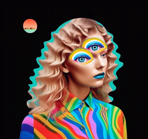 Prompt: A psychedelic collage featuring a photograph of a woman with blond curly long hair. The photo is cut and spliced with other photos - of cats, eyes, body parts, roads, landscapes, trippy optical illusion patterns, pickles, hamburgers, realistic  desert, alien  landscapes, geometric shapes etc in such a way that she has a psychedelic open third eye, in a psychedelic cut and paste collage <mymodel>