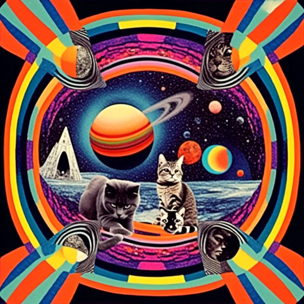 Prompt: a psychedelic collage with a vintage 70s sci-fi animation feel to it except the subject matter will be CATS IN SPACE! The collage will have elements of photography, illustration, trippy patterns and optical illusions, alien landscapes, strange trippy planets, UFOs,, meteors, all cut and spliced together in a psychedelic collage style <mymodel>