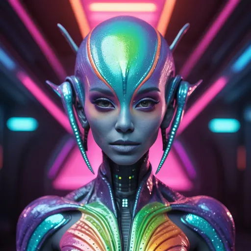 Prompt: High-quality 3D rendering of an extraterrestrial female, vibrant and colorful makeup, futuristic alien high fashion, ads-automotive style, alien goddess, detailed skin texture, otherworldly beauty, vibrant colors, cosmic makeup, holographic clothing, sleek design, professional lighting, sci-fi, highres, ultra-detailed, futuristic, vibrant tones, cosmic lighting