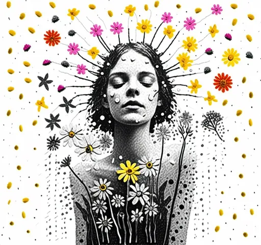 Prompt: <mymodel>Girl sprouting wildflowers in summer rain, mixed multimedia medium, black and white, halftone photo, detailed wildflowers, paint, enamel, glitter, sparkles, foils, magazine pages, cut/folded paper, rhinestones, thread, high quality, detailed, mixed media, black and white, halftone, summer rain, vibrant wildflowers, artistic, creative, intricate details, serene atmosphere, professional lighting, captivating composition