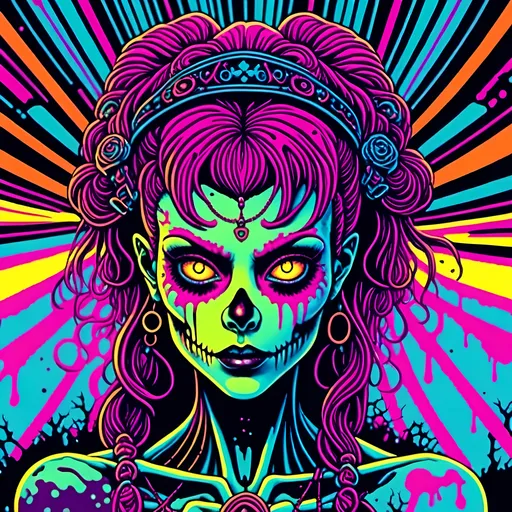 Prompt: <mymodel>70s black light poster, retro punk zombie babe, vibrant oooze, psychedelic, high quality, vector illustration, retro, punk, zombie, vibrant colors, neon lighting, oozing details, vintage, psychedelic art, retro fashion, glow effects, detailed hair, mesmerizing eyes