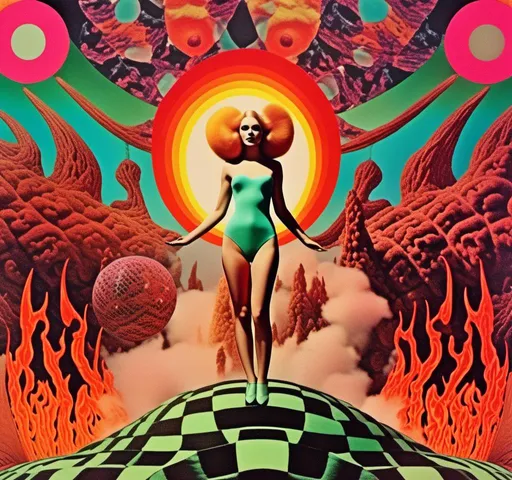Prompt: a vintage surreal 70s psychedelic collage with the theme of hell, the fires of hell, the devil, and a succubus clothed in smoke fire and latex dancing. Utilize photography and art, trippy psychedelic patterns/optical illusions, orbs, flames, surreal hellish landscapes and geometry with a vintage 70s art house science fiction feel to this cut and paste surreal trippy collage <mymodel> 
