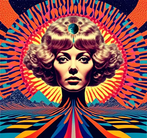 Prompt: <mymodel>Psychedelic trippy collage with a surreal vintage 70s sci-fi feel, vibrant colors, retro futuristic elements, surreal landscapes, detailed psychedelic patterns, high quality, vintage sci-fi, mixed with photograph of a woman with blond curly hair, geometric shape and optical illusions, vibrant colors, surreal, detailed patterns, trippy, collage, 70s, retro futuristic, eyes, surreal landscapes, detailed, atmospheric lighting