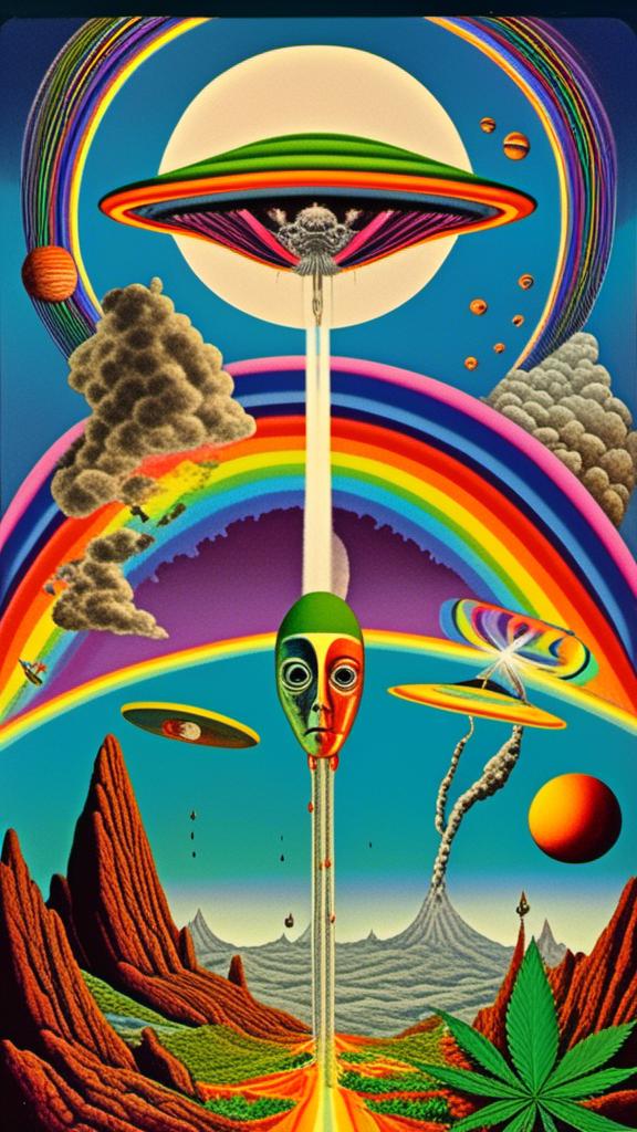 Prompt: A surreal vintage 70s psychedelic sci-fi collage involving- aliens, UFOs, cannabis, marijuana, aliens smoking reefer, aliens smoking weed out of a bong, spliced in with alien surreal landscapes, geometric shapes, optical illusions or trippy psychedelic patterns, planets and starts, rainbow spectrums<mymodel>