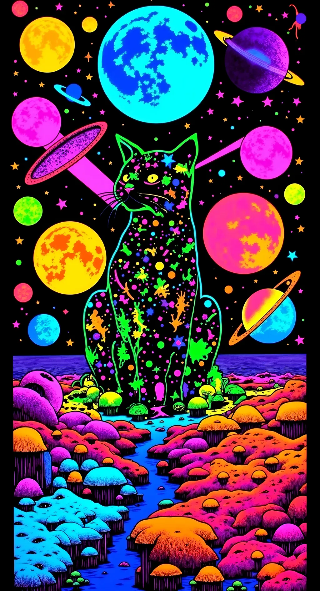 Prompt: a psychedelic collage with a vintage 70s sci-fi animation feel to it except the subject matter will be CATS IN SPACE! The collage will have elements of photography, illustration, trippy patterns and optical illusions, alien landscapes, strange trippy planets, UFOs,, meteors, all cut and spliced together in a psychedelic collage style <mymodel>