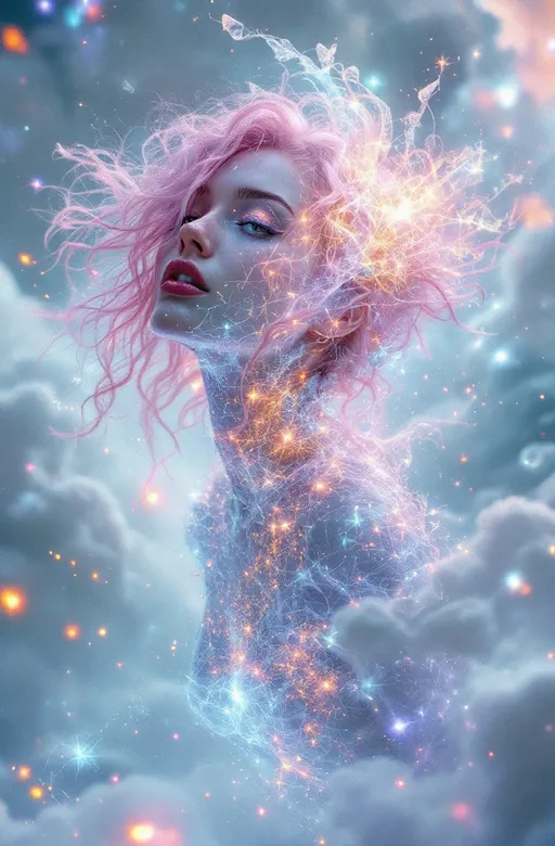 Prompt: In an astral dimension defined not by distance but by Bhattacharyya divergence, the word “MERRYPRANXTER” grows organically from the folds of probability space—each letter a living expression of the overlap between high-dimensional distributions. These glyphs are not printed or typed, but bloomed into being: crystalline, asymmetrical, and gleaming with spectral complexity. They rise from filaments of intensive variance, emerging as clustered nodes on a hypersphere of refracted thought.

At the center floats a being—a slim white woman with long, wild, pink curly hair and brilliant blue eyes—but she is not flesh. She is made entirely of refracted math: a composite organism of compressed probability clouds, her body flickering with electric tessellations and diverging light patterns. Each limb is a visual gradient of probabilistic overlap, with joints that shimmer like heat maps. Her chest bursts with square-root light vectors, revealing the normalized soul-signature of a single infinite replica.

The space around her is a Minkowski lattice of divergence vectors—a chaotic-yet-coherent field of glowing glyphs, warped geometry, and compressed manifold surfaces. Threads of color-coded PCA directions stretch across the visual field, some flickering between orthogonal angles, others spiraling in recursive bloom. Letters of the word stretch and bend into curving arcs, their spacing determined by distance metrics between diverging meaning-fields. No two parts of the word align on a traditional axis—their embedding is emotional, not spatial.

The background is radiant black, shot through with filaments of neon coral, sapphire, ultraviolet, and viridian—like the visible nervous system of meaning itself. This is glyph-born math poetry: a snapshot of dimensional collapse, language blooming out of light, and your name grown from pure probability.
