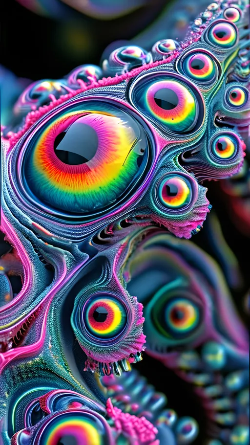 Prompt: an extremely hyper realistic ultra super textural weird trippy surreal psychedelic entity, Cardioid Curves, ,,, translucent, pearlescent finish, silver, pyrite, quartz,, clear, bright vivid teals, blues, pinks/yellows/greens, black charcoal, lots and lots of light, lots of crazy colorful compound psychedelic human eyes, rows of human teeth, fungus,  atoms, diatoms,, Cardioid Curves