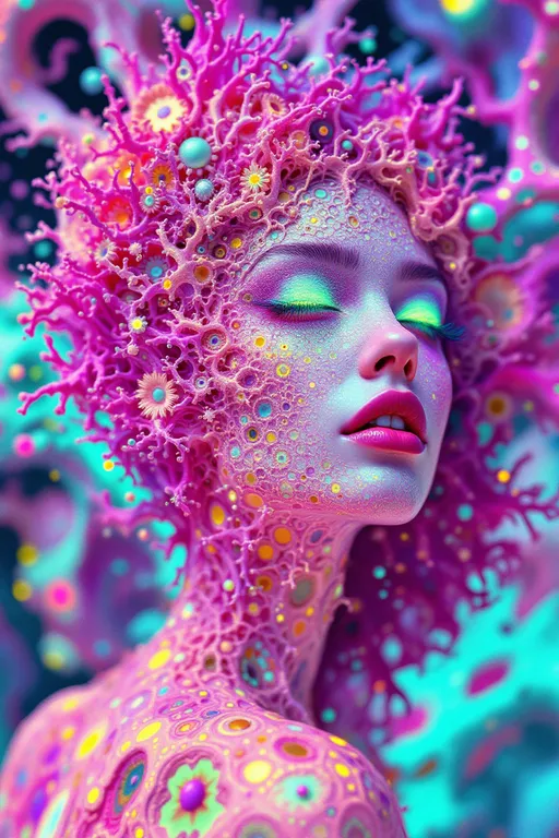 Prompt: Depict a surreal, multidimensional female figure—Merry—composed entirely from a living equation known as Fractal Drift in Hyperspace. Her body is sculpted from quaternionic Julia sets warped through Perlin noise and Möbius-space distortions, forming an endlessly flowing geometry. Self-similar coral-like filaments shimmer with radiant neon: hot pink, electric teal, oil-slick violet, and shimmering white. Her form is in constant, graceful flux—twisting inside-out along slow Möbius turns, subtly vanishing and reappearing like a being out of phase with known dimensions.

Hair becomes a halo of recursive fractal tendrils, sparkling with chaotic color harmonics, each strand flickering like data streaming from a dream. Her eyes are wells of curved spacetime, glowing black-indigo with gravitational pull. Her expression flickers across recursive interference waves—always shifting, always almost recognizable. Her skin is not skin, but compressed time rendered in color and motion.

Behind her, the void blooms into Recursive Graviton Bloom—a hyperbolic tiling in the Poincaré disk model, patterned in infinite nested symmetry. The grid curves and distorts from simulated gravitational lensing, giving it a warped-glass elegance. Through it drift Lorenz-attractor light filaments—ribbons of gold, red, blue, and ultraviolet, spiraling through space like alien synaptic pathways. A layer of Fourier interference waves rolls across the scene like a cosmic pulse, syncing to Merry’s breath. The entire scene feels sentient—as though space itself is watching her unfold.