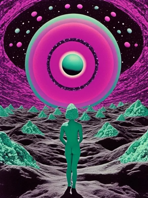 Prompt: <mymodel> A weird trippy surreal vintage psychedelic collage, (hot purple/pink, black & white- teals/purple-blue/seafoam green accents)  cut and paste, optical illusions, psychedelic patterns, alien  landscapes, eyes!!! , UFOs, strange creatures, magic mushrooms, planets/asteroids/space, cats, cheeseburgers, tacos, aliens, weird surreal trippy