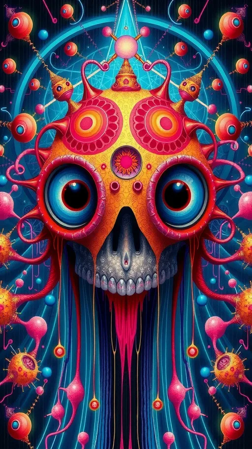 Prompt: Surreal psychedelic non-humanoid creature, beyond human comprehension, entity, trippy, crazy inhuman eyes, multidimensional, fractal, noneuclidien geometries geometric shapes tesseracts, melting, drips, hyper dimensional, drippy, aura, alien, extraterrestrial, extra dimensional,bizarre, ineffable, numinous, counsciousness, strange, unnerving but beautiful, biolocal, mechanical, blobs, atoms, particals, eyes