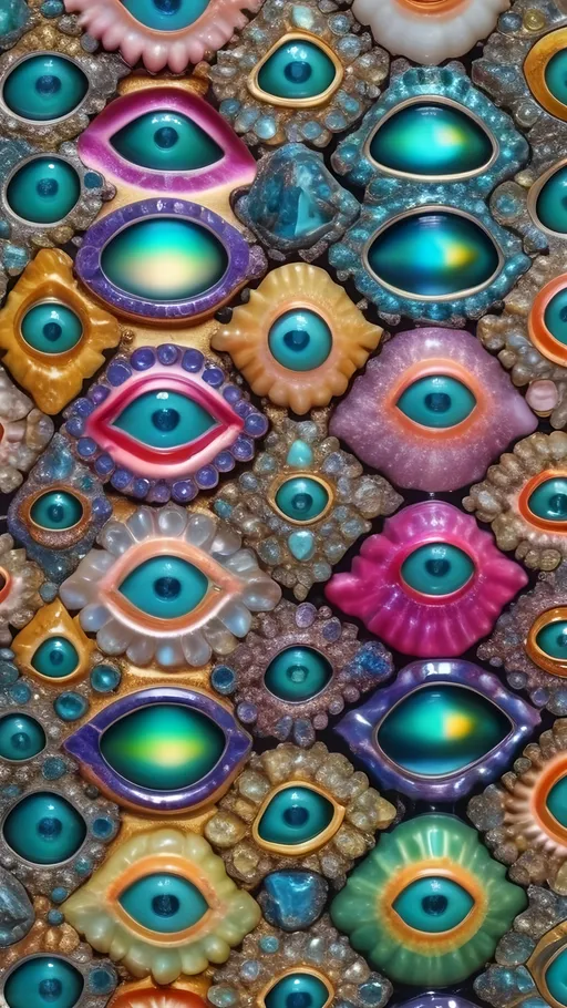 Prompt: an extremely hyper realistic ultra super textural weird trippy surreal psychedelic entity, penrose tiling, ,,, translucent, white, pearlescent finish, inlaid opal, glittering crystal accents, silver, pyrite, quartz,, chrome, bright vivid teals, blues, pinks/yellows/greens,purples,  lots and lots of light, lots of crazy colorful compound psychedelic human eyes, rows of human teeth, human lips, tongues, fungus,  atoms, diatoms, Penrose tiling, extreme high definition organic and mineral textures