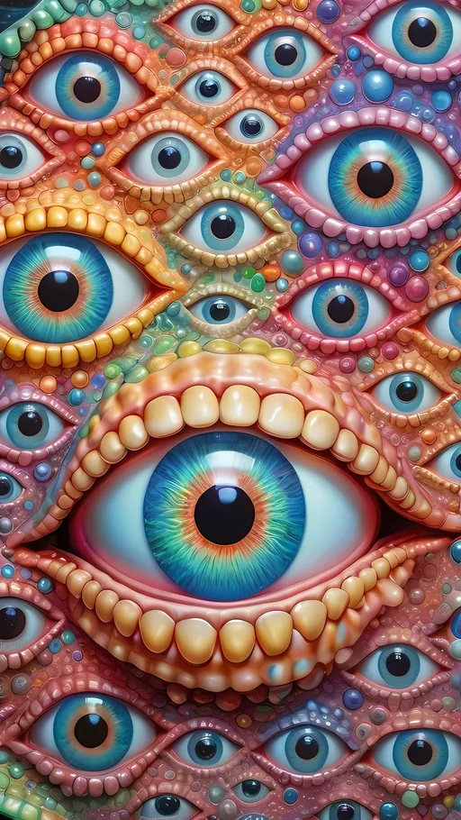 Prompt: an extremely hyper realistic ultra super textural weird trippy surreal psychedelic entity, Tessellation, white, translucent, clear, bright bright pastel colors, oil slick rainbow sheen effect, lots and lots of light, lots of crazy colorful compound psychedelic human eyes, rows of human teeth, fungus, atoms, diatoms, Tessellation