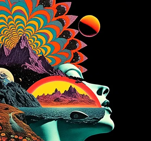 Prompt: <mymodel>Psychedelic trippy collage with a surreal vintage 70s sci-fi feel, vibrant colors, retro futuristic elements, surreal landscapes, detailed psychedelic patterns, high quality, vintage sci-fi, vibrant colors, surreal, detailed patterns, trippy, collage, 70s, retro futuristic, surreal landscapes, detailed, atmospheric lighting