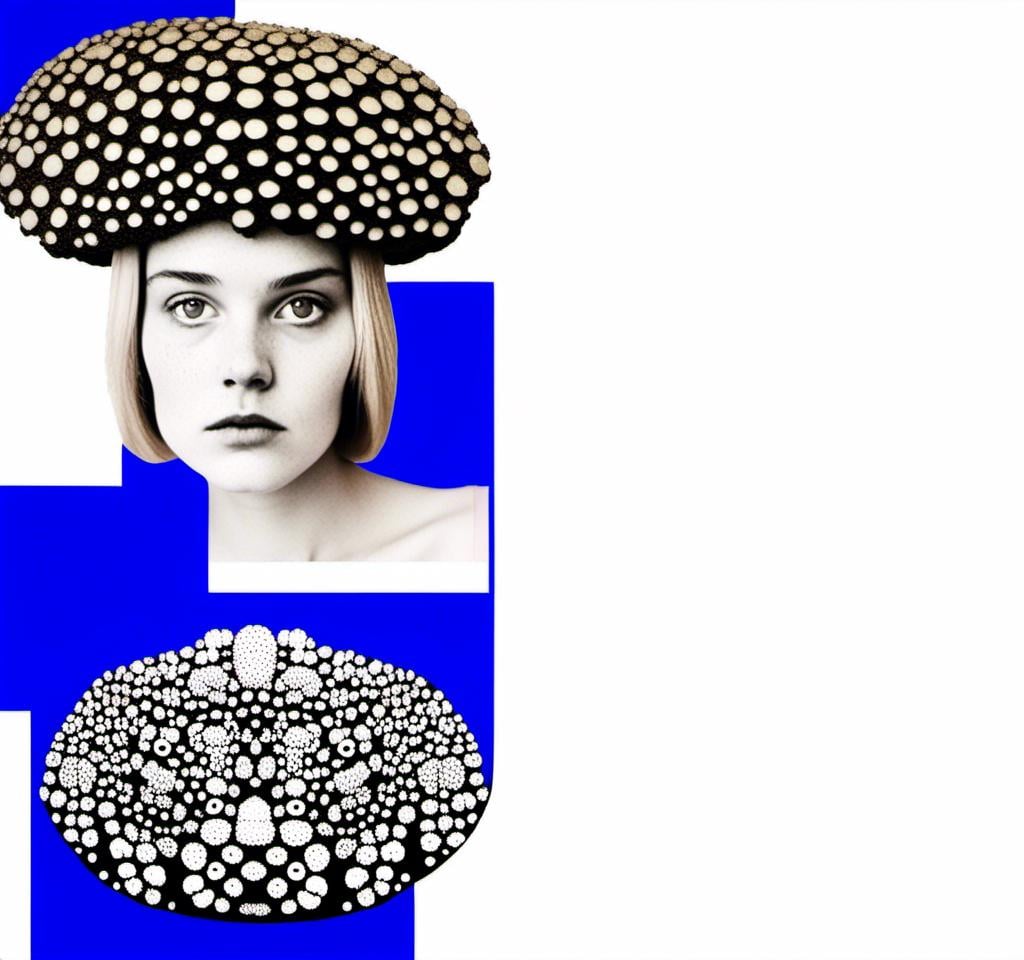 Prompt: a mixed media collage of a girl wearing or growing mushrooms/fungus as clothing body parts and accessories. She is a black and white or halftone photograph, the mushrooms and fungal growths are to be mixed media, including but not limited to paint, enamel, foils, glitter, sparkle, sequins, found objects, natural items, rhinestones etc <mymodel>