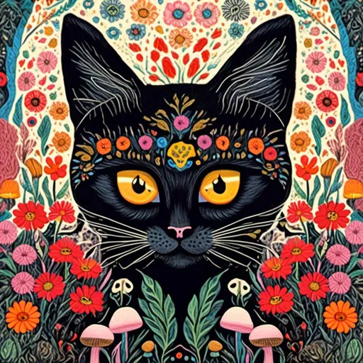 Prompt: <mymodel>Black cat surrounded by mushrooms and flowers, mixed media, detailed fur with intricate patterns, vibrant and surreal, high quality, mixed media, whimsical, vibrant colors, atmospheric lighting, detailed eyes, professional, surreal, detailed mushrooms and flowers, artistic, highres