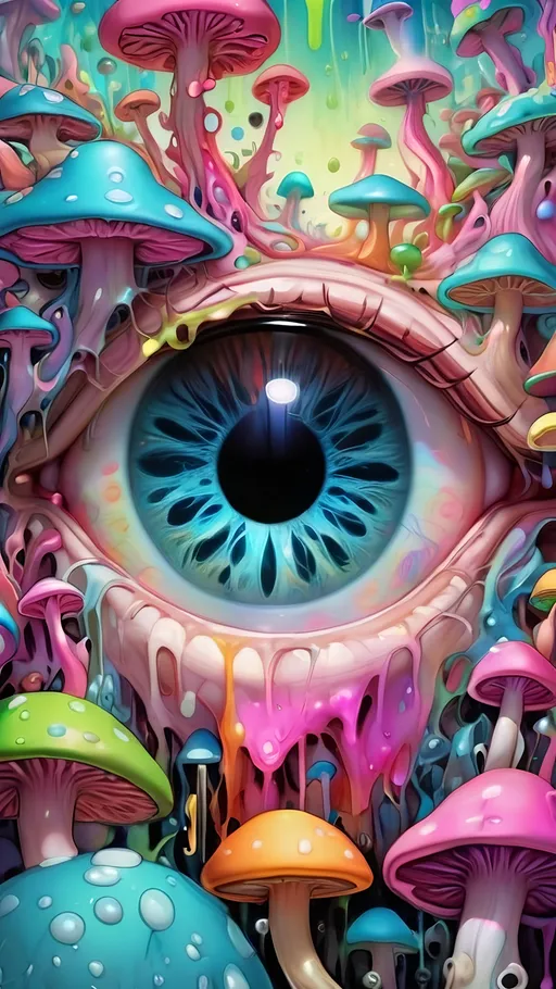 Prompt: Psychedelic, weird, surreal, bizarre, ineffable, numinous, lots of crazy weird inhuman psychedelic trippy eyes, melting, trippy, reality breaking down, hallucinations, drippy, dissolutionment, blobs,atoms, electrons, mushrooms, fractals, multidimensional, oozing, oridescent pastel colors,psychedelic hyper realism, ultra high resolution, surreal, digital art, intense lighting, bright pastel hues, abstract, confusing, looking at you, ultra detailed textures