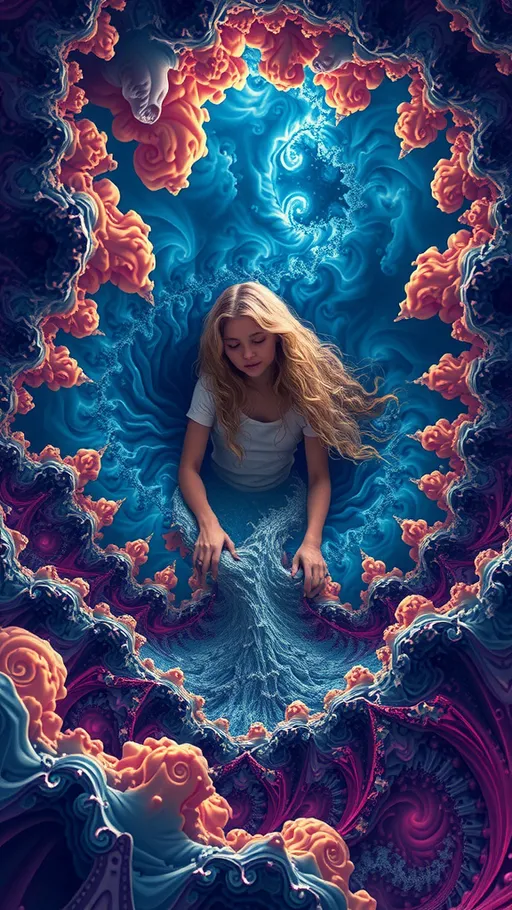 Prompt: A psychedelic ego death experience. A girl with long blond curly hair on psychedelics experiencing “ego death”, hallucinating herself in a fractal “storm”- angry fractals form clouds, wind and rain, whipping, beating the girl mercilessly until she blacks out and finds herself, drowning in an infinite swirling subterranean underground angry chaotic roiling ocean of pure fractals geometry.  melting into and becoming fractals- She melts, and becomes one with the ocean, becoming fractals herself and experiencing being one with everything in the universe, seeing it all from every point of view, before forming into human again over and over. Fractal geometry ocean, waves, currents, riptide, flowing, churning, underground cave, she is lying in bed the whole time 