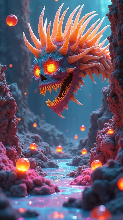 Prompt: Envision an eccentric, otherworldly entity embedded in a bizarre landscape where fluorescent oranges, shocking pinks, and deep ocean blues collide in a dazzling spectacle. This entity has a face resembling a swirling vortex of liquid glass, with eyes that are luminous, shifting orbs filled with fractal galaxies and electric sparks. Its mouth is a gaping maw lined with twisted, rainbow-hued coral-like teeth, each pulsating with bioluminescent patterns that shift according to its emotions.

The skin of the entity is a dynamic mosaic of microscopic **quasicrystals**, reflecting a spectrum of colors and creating an illusion of endless depth. Surrounding it are floating geometric shapes—tetrahedrons and dodecahedrons—glowing in neon shades, drifting like sentient beings. The ground beneath is a surreal terrain of **Penrose tiling**, where the non-repeating patterns create an optical illusion of infinite complexity, interspersed with shimmering **Lichtenberg figures** that resemble frozen lightning.

Microscopic elements abound, including spiraling **C60 Buckminsterfullerene (Buckyballs)** that orbit the entity, their shapes reflecting vibrant colors. Tiny **quantum dots** hover nearby, emitting playful bursts of light in a dazzling display. Fractal patterns emerge from the ground, with **Mandelbrot sets** spiraling into infinity, creating a mesmerizing dance of shapes and colors.

Natural features include bizarre, oversized mushrooms with polka-dotted caps that emit a soft glow and tendrils of electric vines dripping with luminescent droplets. Above, the sky swirls with chaotic colors, featuring clouds that resemble cotton candy and shooting stars leaving trails of glittering stardust, interspersed with **quantum foam** that bubbles and froths, illustrating the turbulent nature of space-time.

This fantastical scene invites the viewer to explore a reality where the strange and the beautiful coexist, celebrating the intricate dance of microscopic elements and fractal mathematics in a whirlwind of vibrant chaos.