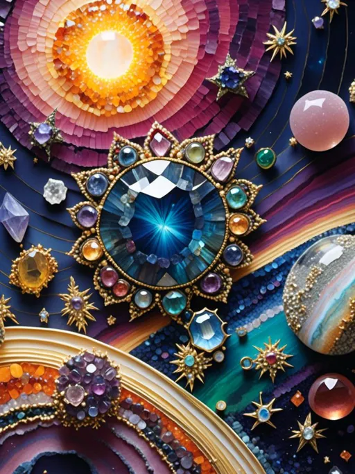 Prompt: <mymodel>Our solar system and outer space created out of gemstones and gemstone textures, high-res, ultra-detailed, 3D rendering, cosmic, vibrant colors, sparkling textures, luxurious, celestial bodies in precious stones, majestic planetary alignment, opulent asteroid belt, radiant gemstone stars, intricate details, luxurious art style, gemstone textures, space scene, cosmic lighting