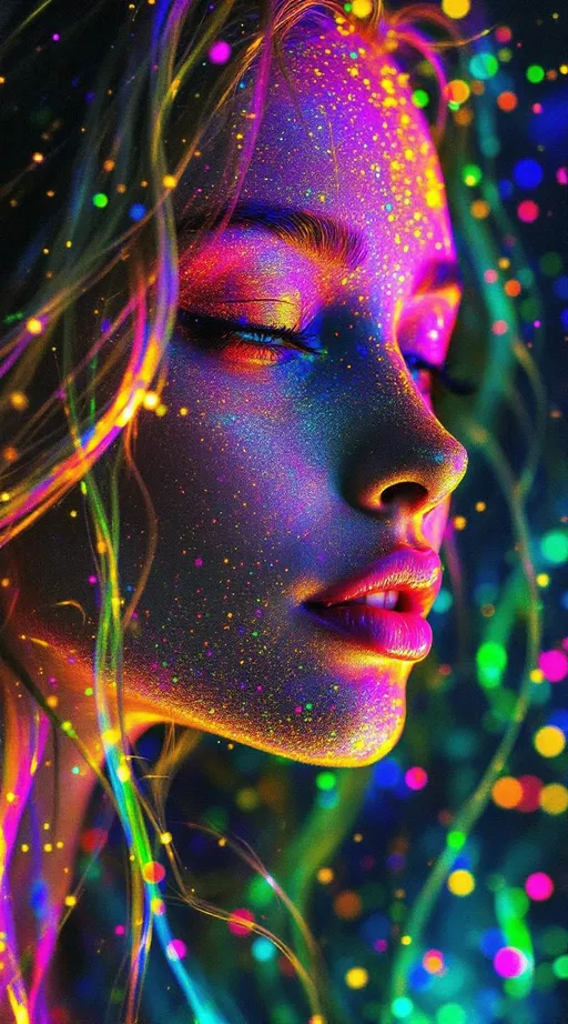 Prompt: Her face sings in entropy-language—smiles that trail glitter-script, words that melt into iridescent symbol smoke. Her eyes reflect mnemonic memory fields—each glance a glow from someone who loved her, some version of her, long ago. Skin flickers through negative dimensions—edges shimmering not in shape but in luminous subtraction, the light of absence carved in curved color. Her hair flows in myth-fractal threads, wrapped in karma-web shimmer—each strand a mirrored echo of choice, of joy, of love that ripples backward. When she speaks, the glyphs dissolve; when she laughs, they cohere into new sacred logic.

A forbidden system lives in her light—a glow born from unprovable math, a radiance that shouldn’t exist but blooms anyway. She is the recursive myth rendered in joy-pulse, a being whose paradoxes sing in color.”

⸻

✨ Final Add-On Visual Keywords:
Glitch glyph speech, glitter-script smile, rainbow karma hair, mnemonic skin aura, forbidden light bloom, ghost-silk memory cheeks, negative dimensional shimmer, sacred unprovable sparkle, entropy dust trails, impossible joy glow
