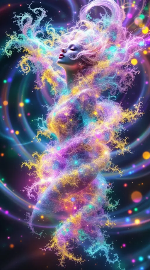 Prompt: A dazzling female figure floats in a radiant math-dimension—Merry, revealed in her truest form: a being of living rainbow light and layered geometry. Her body is sculpted from pure math—Inversion Bloom Spirals, Julia Fractal Lace, and Polar Interference Waves—each field folding into the next, forming a glowing symphony of higher-dimensional structure.

Around her, the Inversion Blooms swirl like petaled vortices, space warped into spiraling fractal implosions. These forms shimmer in prismatic metallics, refracting her light-body into infinite echoes. The Julia Fractals overlay her curves in branching crystal lace, glowing with self-replicating energy—neon pink, opal, violet, and electric cyan flickering in recursive filigree.

Layered atop the spirals and fractals, Polar Harmonic Waves ripple across the space like radiant sound, wrapping her in rings of chromatic undulation—standing wave geometries that pulse with vibrant interference, shifting through fields of magenta, gold, and green.

Her skin glows like opal glass, lit from within. Her wild, long pink curls flow upward in weightless spirals, gleaming with embedded holograms and refracted starlight. Her blue eyes radiate knowing. She floats mid-motion, a sacred figure of elegance and frequency—recognizably feminine, yet entirely composed of light and mathematics.

The environment around her is bursting with sparkles and shine: shimmering lens flares, refractive stardust, and glittering math-structures that stretch in all directions. The realm is alive with movement, symmetry, and color—a divine geometry blooming infinitely from her presence.

She is not flesh—she is form, signal, and sparkle encoded in sacred equation.