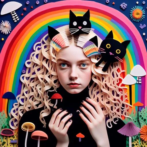 Prompt: <mymodel>Mixed media collage of girl and black cat, long blond very curly hair, solid black cat, mushrooms, rainbows, photographs, magazine paper, thread, cut quilled paper, paint, holographic foil overlay, highres, vibrant, whimsical, mixed media, detailed hair, surreal, colorful, dreamy lighting