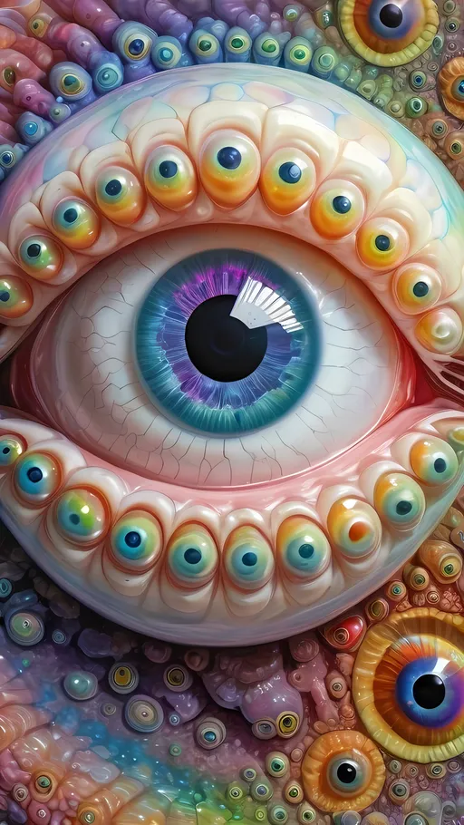 Prompt: an extremely hyper realistic ultra super textural weird trippy surreal psychedelic entity, Diophantus spiral, white, translucent, clear, bright bright pastel colors, oil slick rainbow sheen effect, lots and lots of light, lots of crazy colorful compound psychedelic human eyes, rows of human teeth, fungus, atoms, diatoms, diophantine spirals