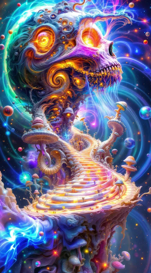 Prompt: Ultra-saturated maximalist hallucination—impossible apparition fractured into paradox, anatomy-but-not-a-person swirling through iridescent Klein-bottle membranes, recursive fractal skull and ribcage tessellating into infinite Möbius mouths and Penrose eyes. Dragonfly wing shimmer, oil-slick overlays, soap bubble diffraction and opal fire optics erupting from surfaces, faces within faces and self-canceling truths inscribed as luminous glyphs.  
Background is a paradox engine—recursive mirrors, infinite Escher staircases looping into Mandelbrot spirals, paradoxical galaxies colliding with fractured hyperbolic lattices, contradiction symbols glowing, cascading detail overload, photoreal textures melting into psychedelic irreality, real and unreal intermingling, vortexes, quantum fractal invasion, mushroom forms intertwined with crystalline gyroid structures and shimmering quantum fluids.  
Overall: dream logic, resolution collapse, maximalist overload, self-referential recursion, vivid color vibrancy, fractalized chaos, boundary dissolution.” 