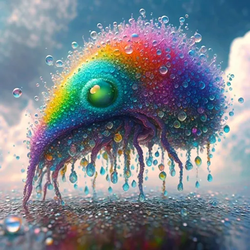 Prompt: <mymodel> an extremely hyperrealistic ultra textural life-infused, living breathing rainbow creature, a living creature made of water droplets and bent rainbow light/spectrums, with white puffy clouds, droplets of water, rain, mist, lots of light, prism reflections, spectrum creature, , extreme organic & mineral textures