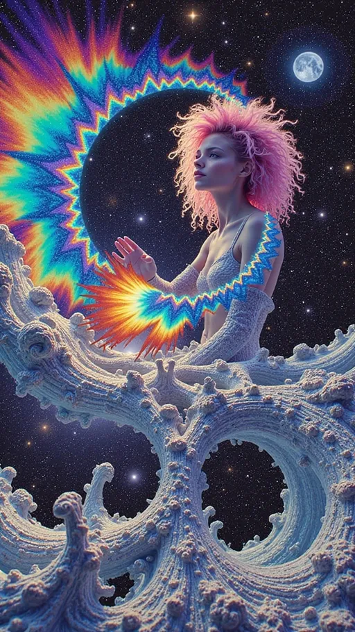 Prompt: A white female figure with a luminous presence, approximately 5’4” and 120 lbs, floats at the heart of a multidimensional sacred harmonic manifold. Her skin glows with iridescent pastel light, and her long, wildly curly pink hair radiates outward like solar flares, interweaving with the surrounding geometry. The manifold around her resembles a Calabi–Yau structure, alive with recursive toroidal flows, Penrose tiling distortions, and golden-ratio helices. Oil-slick iridescence coats the geometry in shifting hues—violet, turquoise, rose-gold—reflecting her inner energetic resonance. Her form is semi-translucent, composed of spectral light and interwoven with fractal circuitry that pulses with chakra-aligned frequencies. Chaotic elements ripple through the environment: Möbius bands twist through dimensionless space, plasma glyphs of forgotten cosmic languages emerge and dissolve, and nonlinear shockwaves of energy disrupt Euclidean order. Behind her, a star-strewn void provides a celestial canvas, pierced by higher-dimensional light flares and fractal starbursts. Her gaze is serene and infinite, as if holding ancient quantum knowledge. The visual texture merges holographic hyperrealism with a delicate analog film grain, evoking the feel of divine cinematography. The composition captures a moment of metaphysical emergence: the soul incarnated as sacred geometry made flesh—both chaotic and ordered, harmonic and wild, divine and personal.
