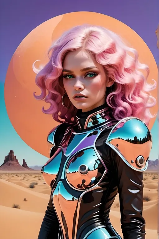 Prompt: A babelicious retrofuturistic space babe stands tall on the edge of an alien desert—sunset melting the sky into lavender-orange gradients, while two oversized moons loom overhead like spectral eyes. She’s armored in a sleek, surreal suit of holofractal plating, molded perfectly to her form, alive with shimmering geometric patterns and iridescent pulses—colors glitch and ripple like rainbow oil slicks on liquid chrome. The armor is decked in ornamental motifs that hint at deep emotional symbolism—not hearts, but eccentric spirals, ecstatic glyphs, and radiant emblems that radiate chaotic joy and feral softness.

Her long wild curly pink hair bursts upward in a retrofuturistic styling—like cotton candy twisted into satellite dish shapes, threaded with glittering wires and dangling chrome charms. Her expression is wry, defiant, radiant—eyes like a thousand unsaid jokes with a cosmic punchline.

She stands in soft stiletto boots crafted from translucent polymer, laced with neon capillaries. The sand underfoot is matte peach, scattered with strange artifacts and little green aliens, who peer up in awe and confusion, unsure if she’s a dream, a weapon, or both.

In the sky and across the dunes: black and white optical illusion patterns—rotating spiral matrices, warped checkerboards, and fractal tiling—appear subtly and then loudly, as if the desert itself is a collapsing film reel. The entire image has a grainy analog collage feel, like something cut from 70s sci-fi posters and spliced together by a psychedelic archivist with a glitch fetish.

Art style: analog retrofuturism, holofractal psychedelia, sci-fi collage with soft film texture
Color palette: iridescent neon, dusty desert pastels, holographic flashes, stark B&W contrast
Vibe: trippy, flirty, unbothered, interdimensionally iconic.
