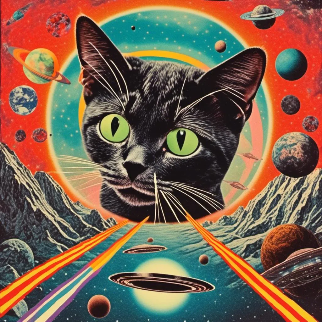 Prompt: a psychedelic collage with a vintage 70s sci-fi animation feel to it except the subject matter will be CATS IN SPACE! The collage will have elements of photography, illustration, trippy patterns and optical illusions, alien landscapes, strange trippy planets, UFOs,, meteors, all cut and spliced together in a psychedelic collage style <mymodel>