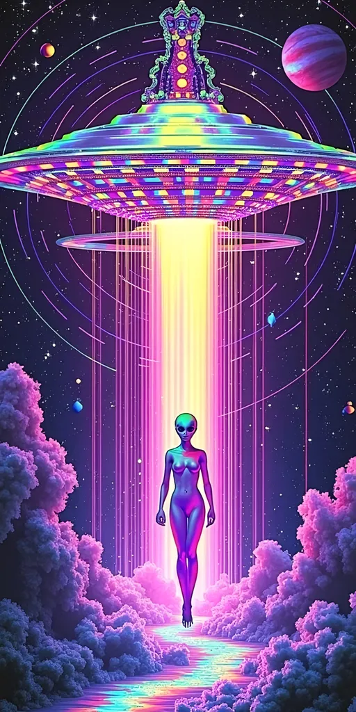 Prompt: Create a vibrant and surreal scene in the style of pop Art Nouveau, characterized by intricate and ornate details. The centerpiece is a silvery metallic UFO with a holographic sheen, hovering majestically in the cosmic expanse. It's adorned with an array of glowing, multicolored lights that pulse rhythmically. From its base, a luminous beam of light cascades downward, illuminating the scene below.

In the center of this beam stands a female alien, her skin a vivid shade of green. She has a distinctive large conical head and striking solid black almond-shaped eyes that exude an aura of mystery and wisdom. Her features are rendered in an extremely hyperrealistic yet illustrative manner, blending artistic elegance with lifelike precision.

The background is a kaleidoscope of psychedelic patterns, swirling with vivid colors and intricate designs. The sky is dotted with distant planets, twinkling stars, and celestial phenomena, creating an otherworldly tapestry. The design is busy, filled with tiny, intricate details that invite the viewer to explore every corner of the artwork.

Incorporate various glitch effects to add a modern, digital twist to the scene. Use types like pixel sorting, datamoshing, RGB shift, glitch art overlays, and circuit bending. These glitches should weave seamlessly into the Art Nouveau style, enhancing the overall complexity and depth of the piece. The result is a mesmerizing fusion of classic elegance and contemporary digital chaos, captivating and immersive.