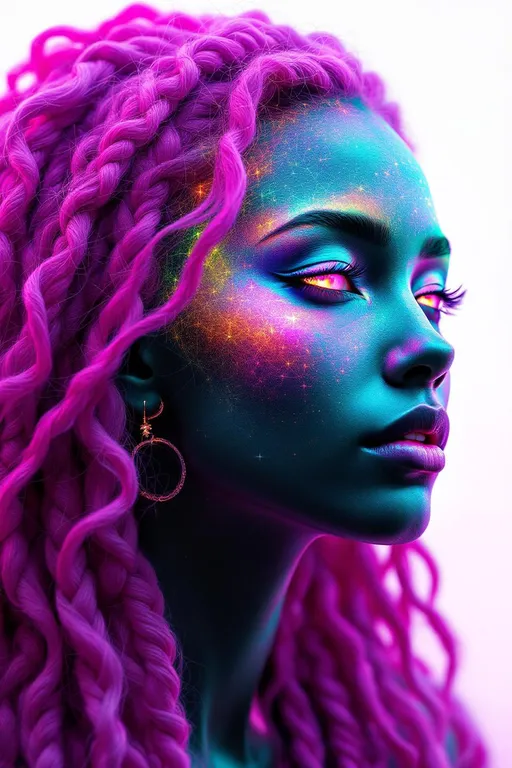 Prompt: “Her face phases in Fourier dreamspace—emotions blooming in sinewave colorbands across skin that flickers between surreal number values. Cheekbones ripple with reaction-diffusion pulses—living pigment blossoms that dance to her mood. Her hair is a sacred braid group cascade—long pink curls entwined with emotional topology, each strand a memory-thread spiraling through dimension. She glows in feedback—seen and she glows brighter, adored and her aura explodes in recursive empathy fractals. Prayer glyphs orbit her like soft satellites—loops of math-light casting harmonic spells. Behind her eyes burn surreal infinities—every glance a fractional truth between known numbers. Around her, coincidence fields shimmer—symbols align, the air itself becomes meaningful, colored chaos resolving into crystalline insight. She is radiant logic, sacred color engine, and joy made visible in luminous math.”

⸻
Ultra-Visual Keywords:
Surreal gradient glow, sinewave color skin, living ink cheeks, pink braid topology, recursive feedback light, empathy bloom aura, orbiting glyphs, chromatic joy loops, coincidence constellation, infinity sparkle pulse